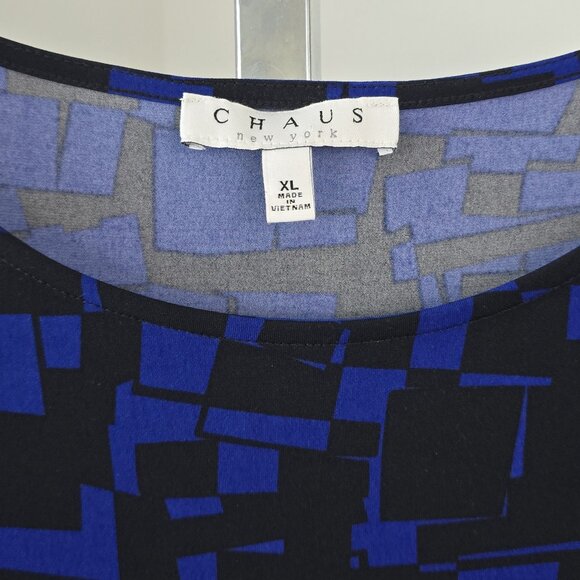 Chaus New York Scoop Neck 3/4 Sleeve Round Hem Printed Top Blue Black XL - Picture 3 of 6